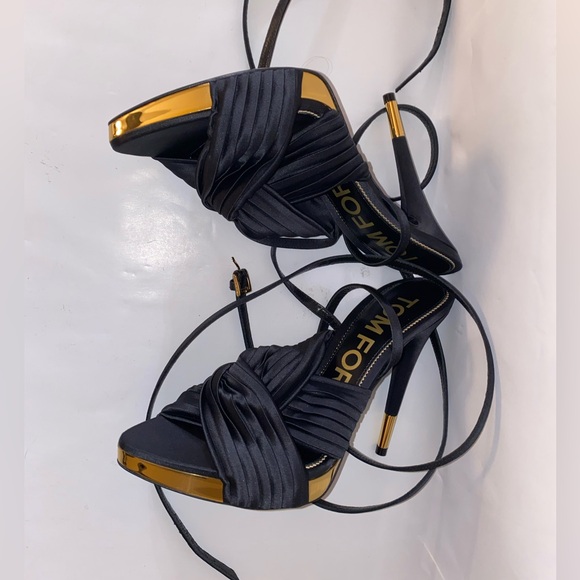TOM FORD Pleated Satin Ankle-Wrap Platform Sandals - Black Size 37 NWT - Picture 8 of 17